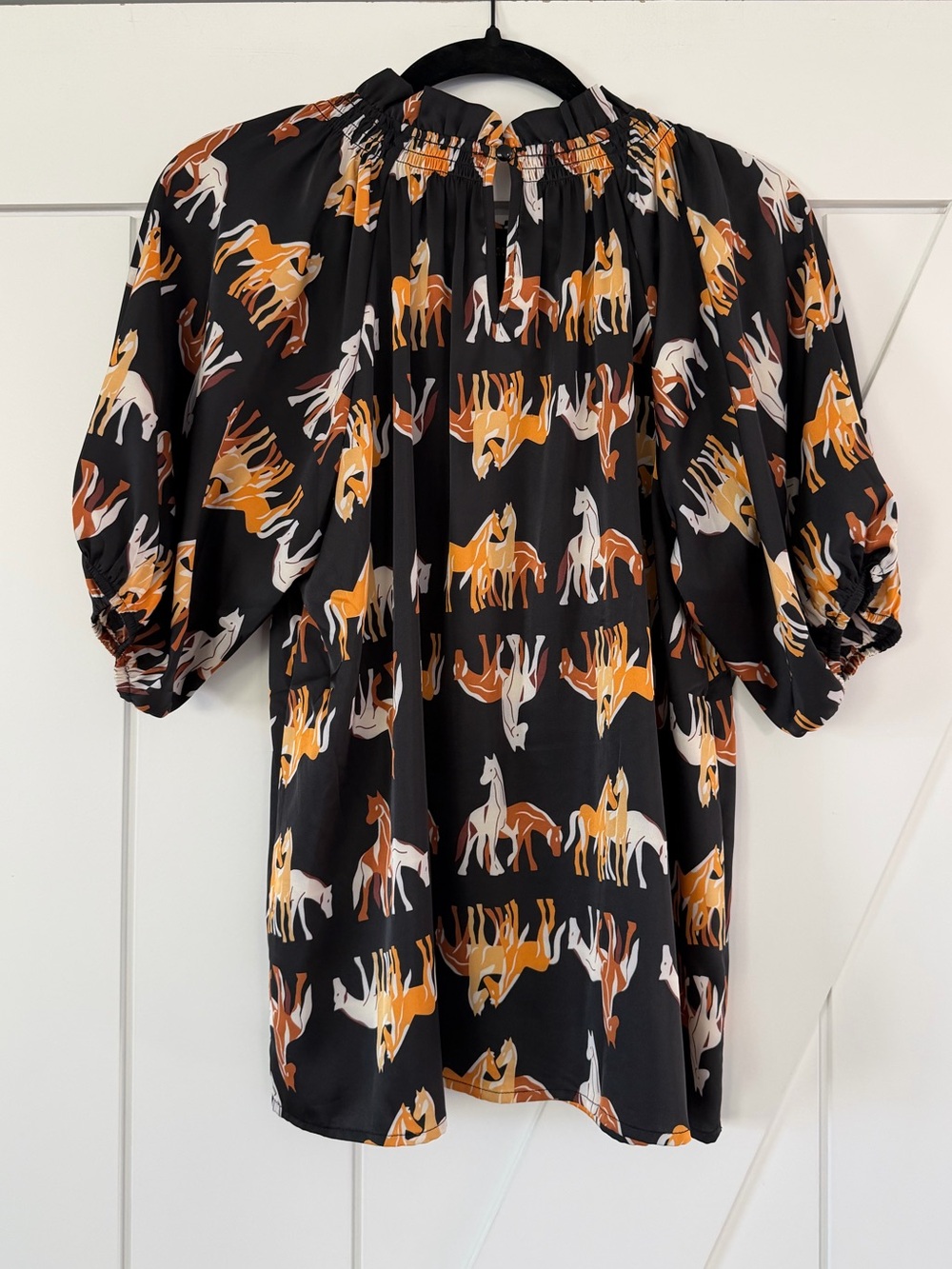 THML Black and Brown Horse Print Satin Blouse Top - Picture 3 of 9